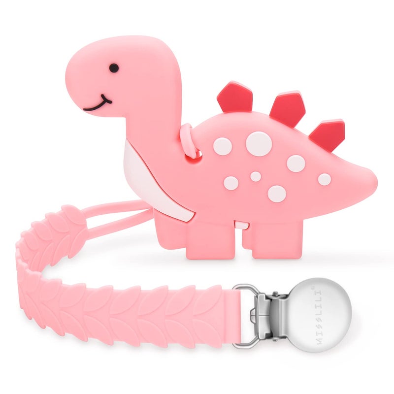 mislili Teething Toys for Babies, Baby Teethers with Clip Silicone Teether Toys for Boys and Girls Infant Teething Relief Dinosaur Shape, Pink - Image 1